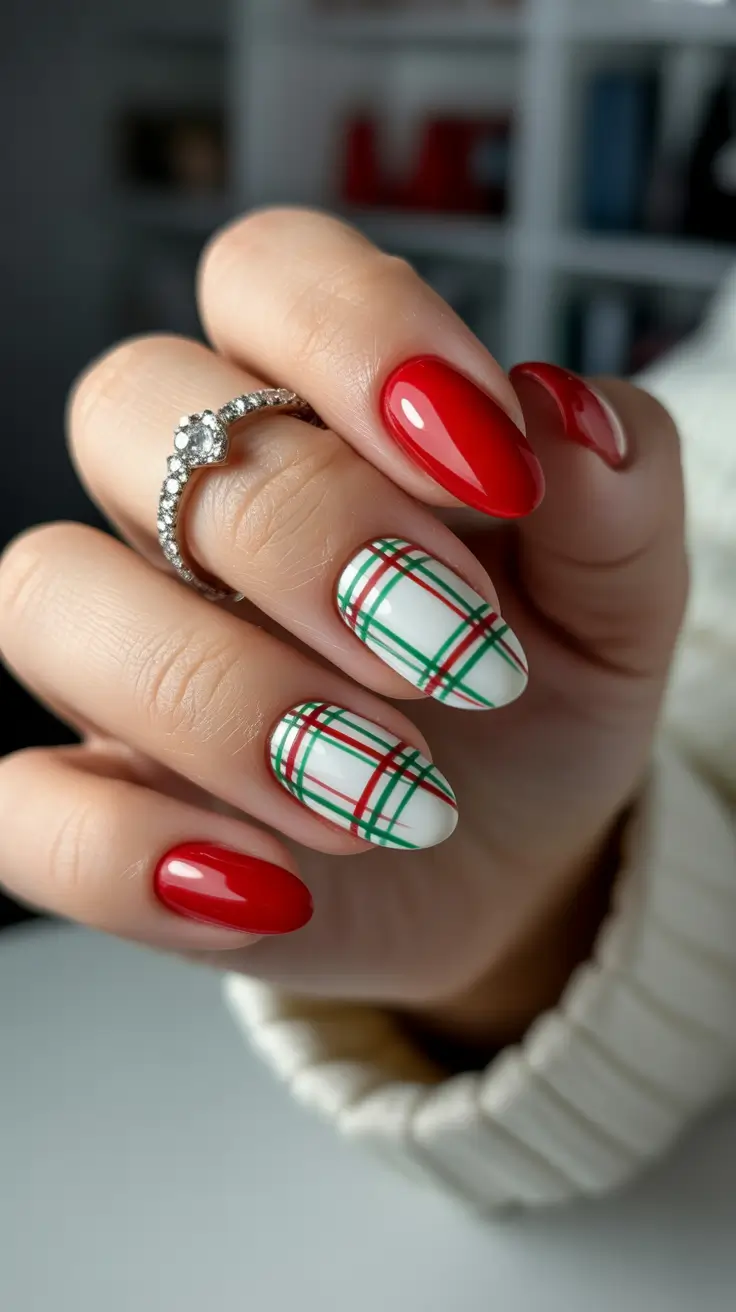 Cute Simple Nail Ideas for Christmas 2025 Red Plaid Perfection