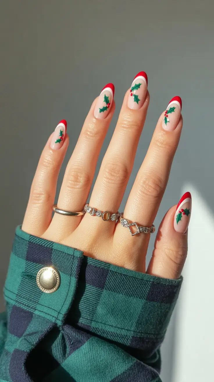 Cute Simple Nail Ideas for Christmas 2025 Holly Berry French