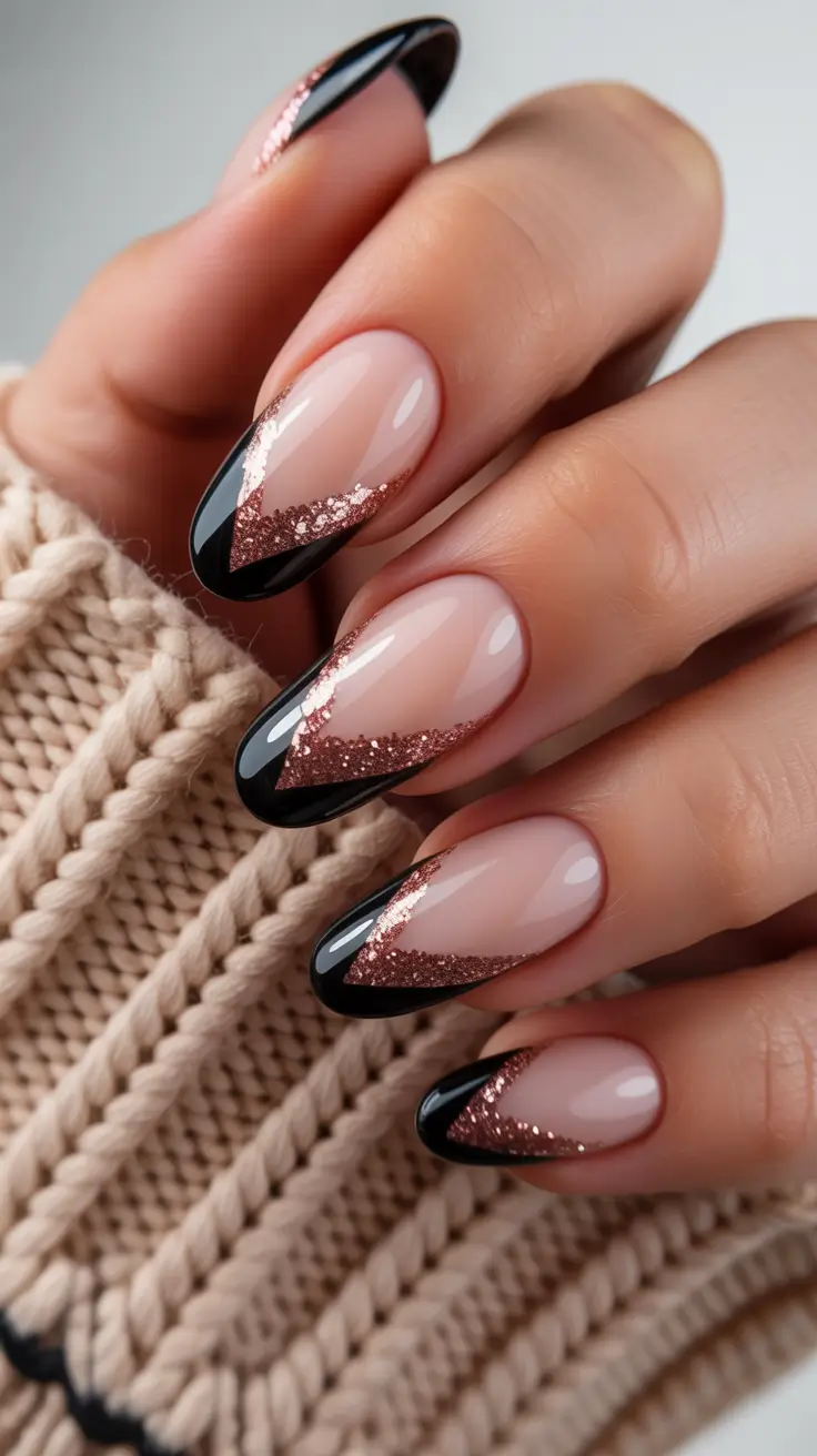 Cute Simple Nail Ideas for Christmas 2025 Black & Rose Gold Edge