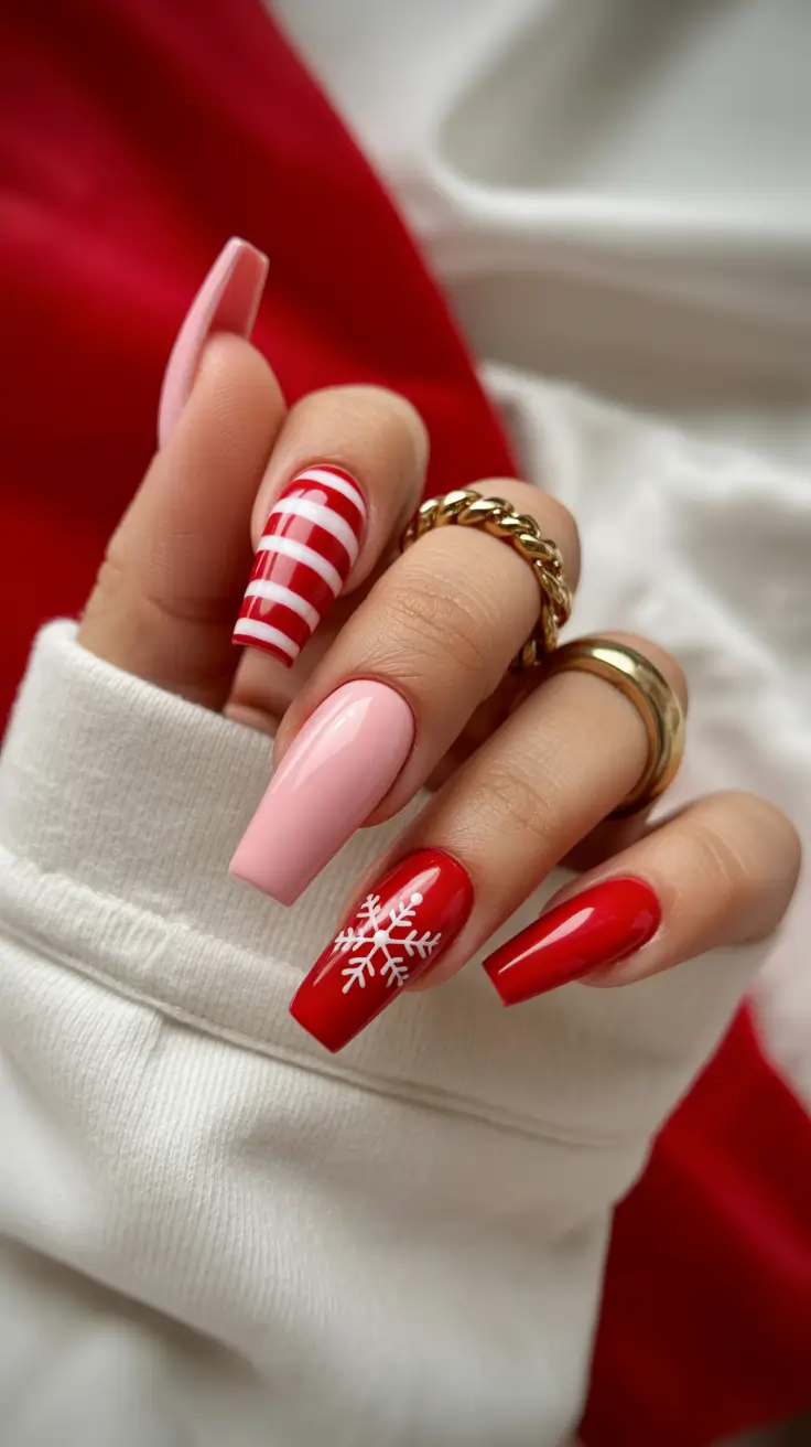 Cute Simple Nail Ideas for Christmas 2025 Candy Cane Red & Sweet Pink