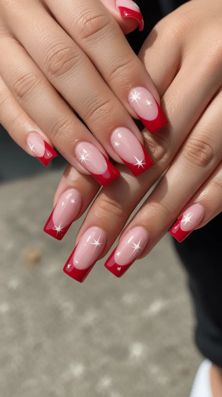 Cute Simple Nail Ideas for Christmas 2025 Classic Red French Sparkle