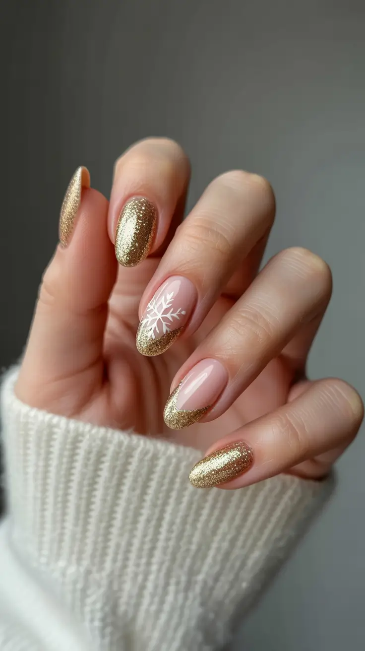 Cute Simple Nail Ideas for Christmas 2025 Golden Glow & Snowflake Charm