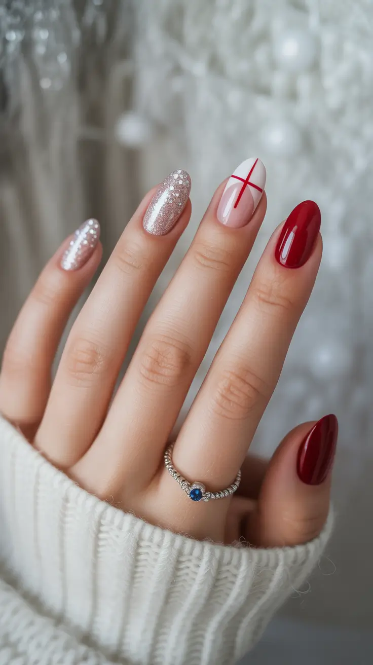 Cute Simple Nail Ideas for Christmas 2025 Minimal Glam in Silver and Red