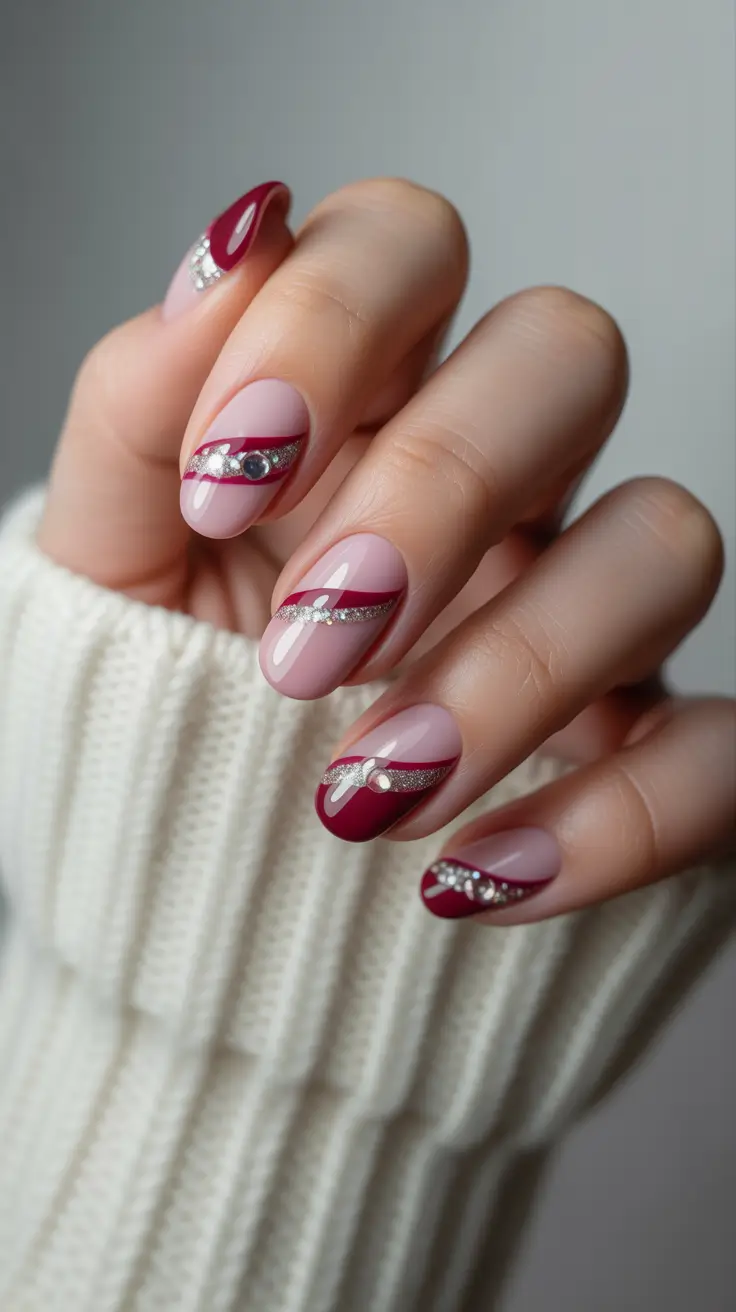 Cute Simple Nail Ideas for Christmas 2025 Elegant Burgundy & Rhinestone Ribbons