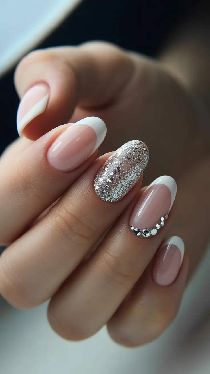 Cute Simple Nail Ideas for Christmas 2025 Crystal French & Glitter Accent