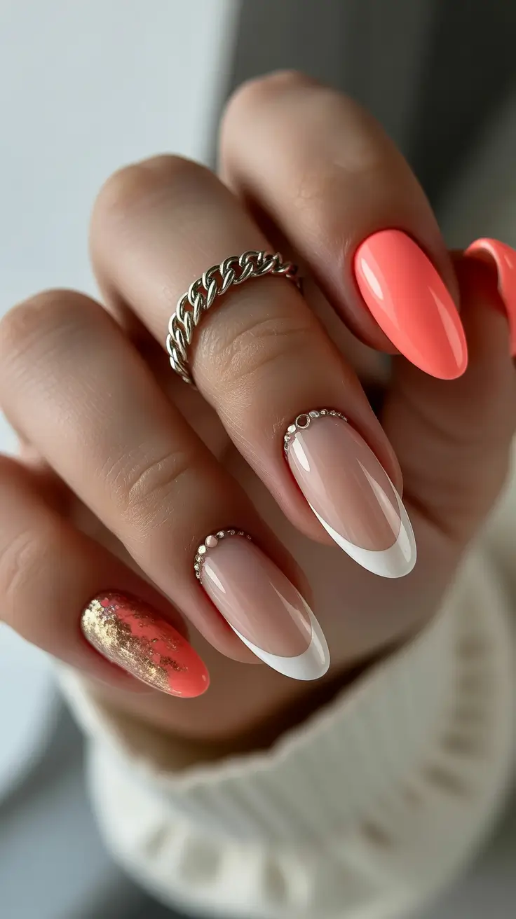 Cute Simple Nail Ideas for Christmas 2025 Coral Glow with Golden Accents