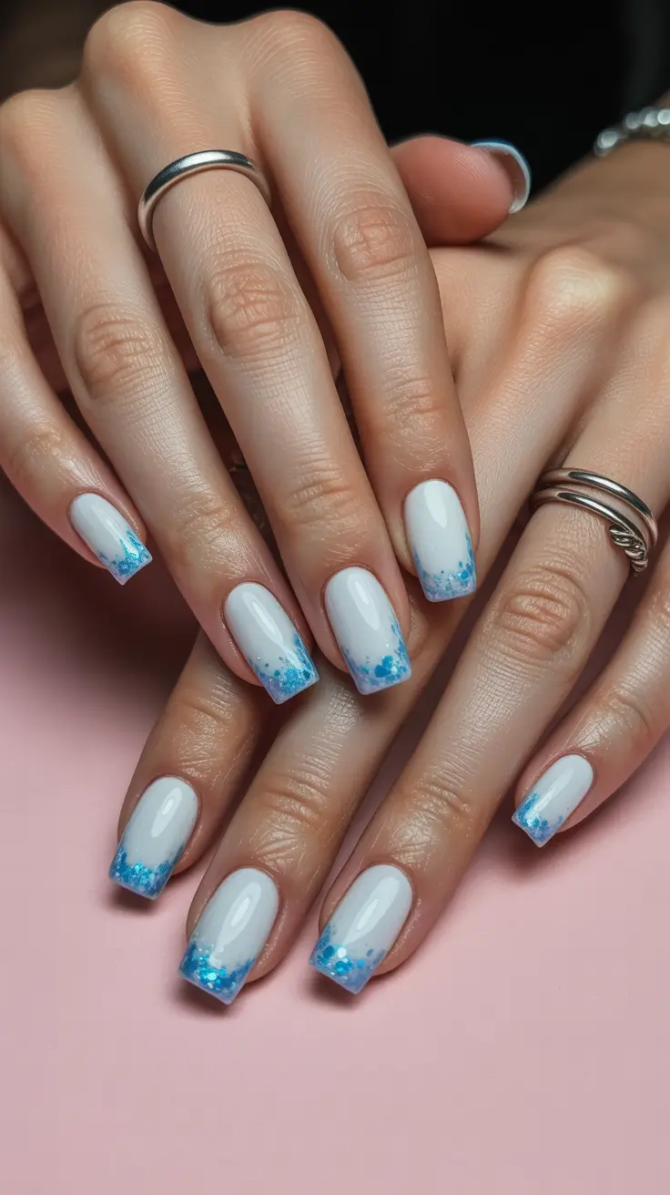 Cute Simple Nail Ideas for Christmas 2025 Frosted Blue French Square