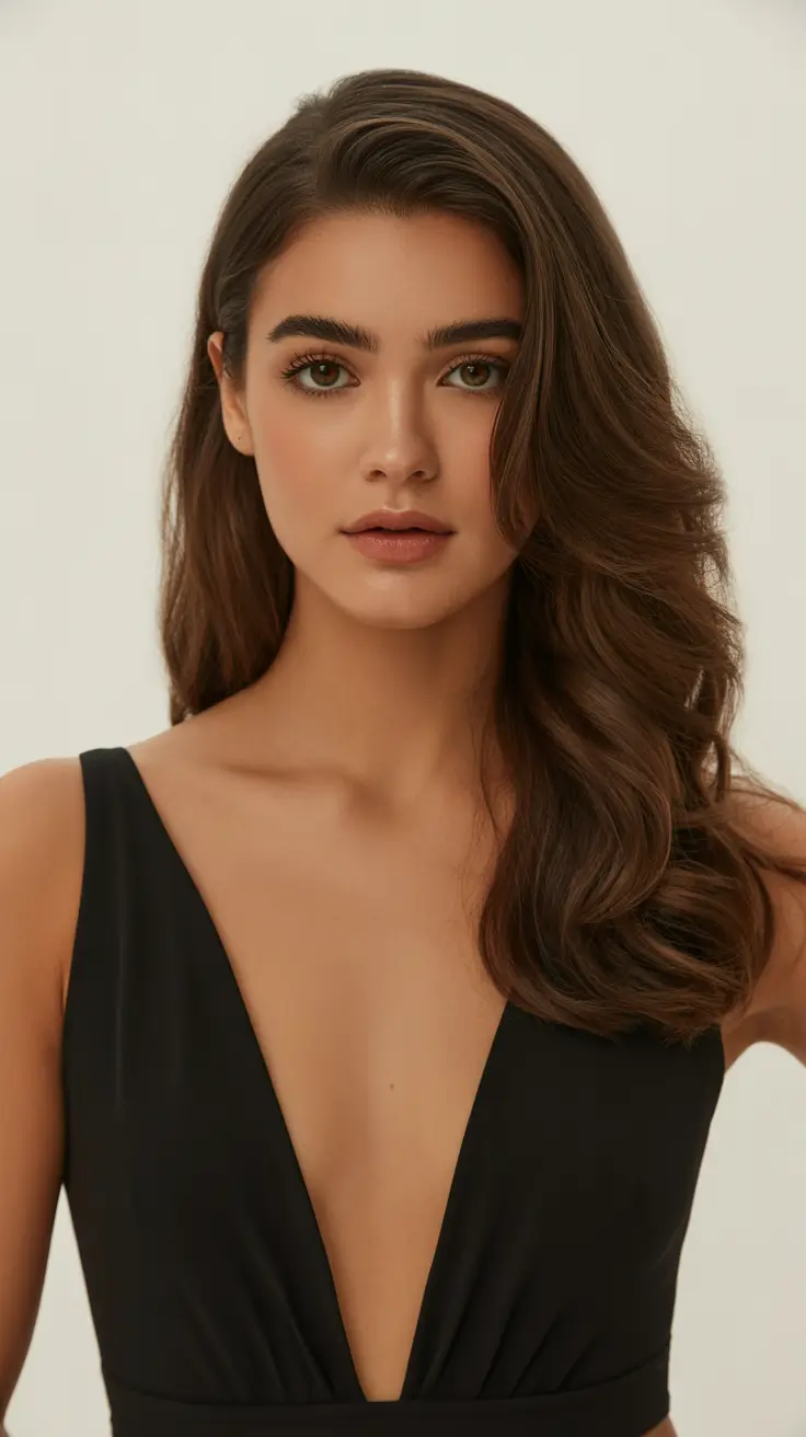 Dark brown hair color 2026 Caramel Luxe Side Part