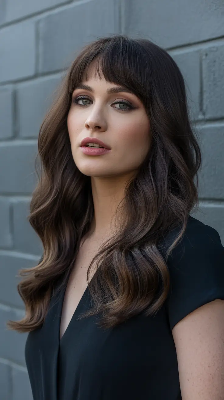 Dark brown hair color 2026 Soft Waves with French Bangs