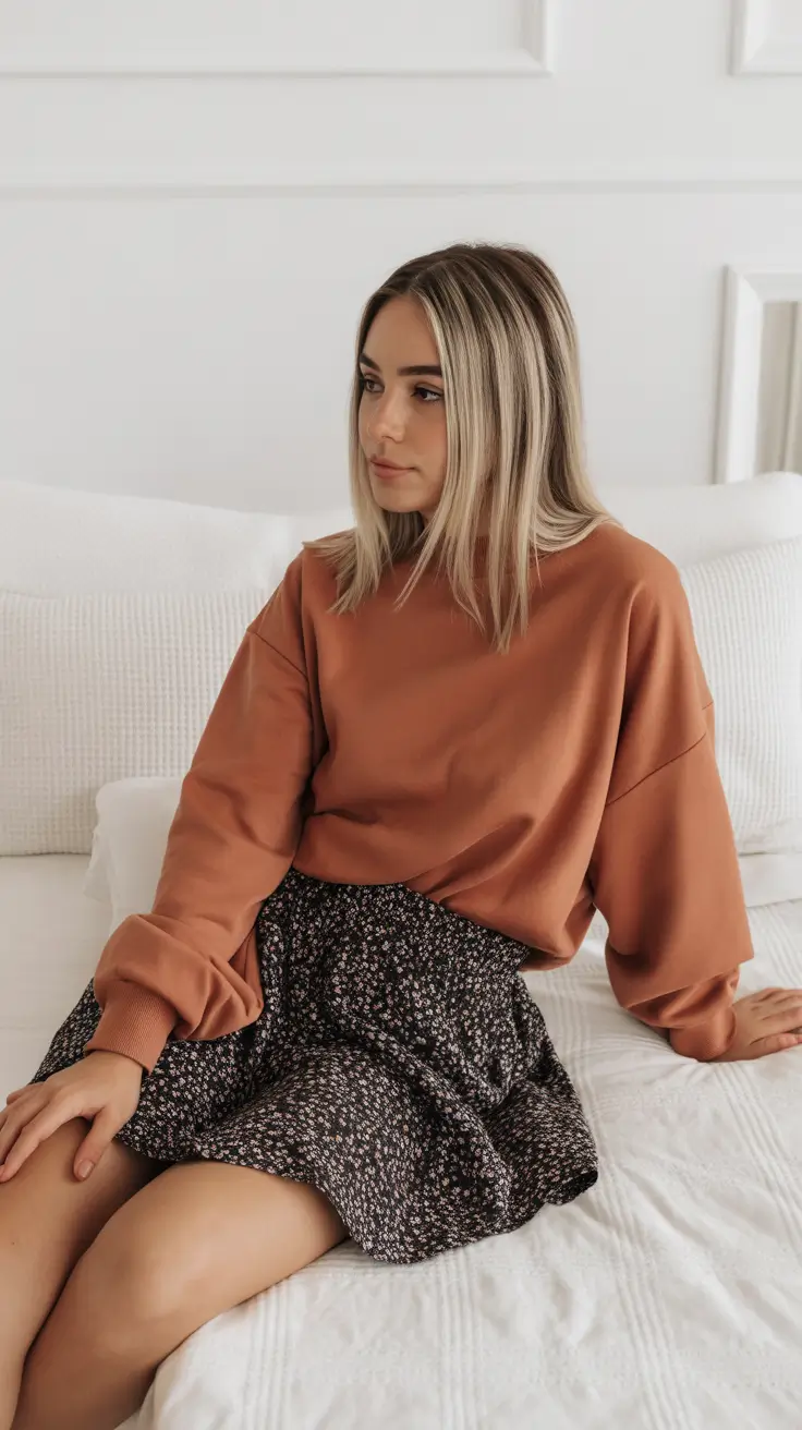 fashionable outfit ideas 2026 Cozy Rust and Floral Harmony