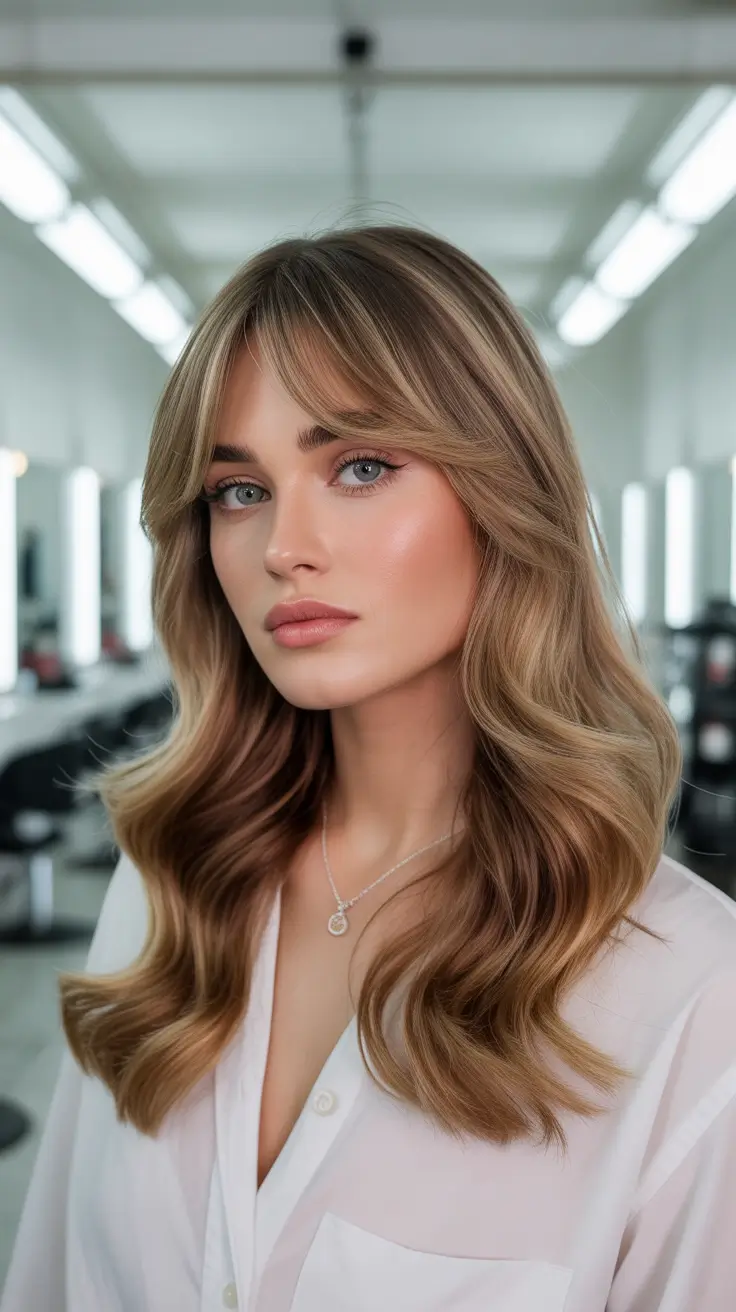 honey brown hair color 2026 Modern Honey Layers with Curtain Bangs