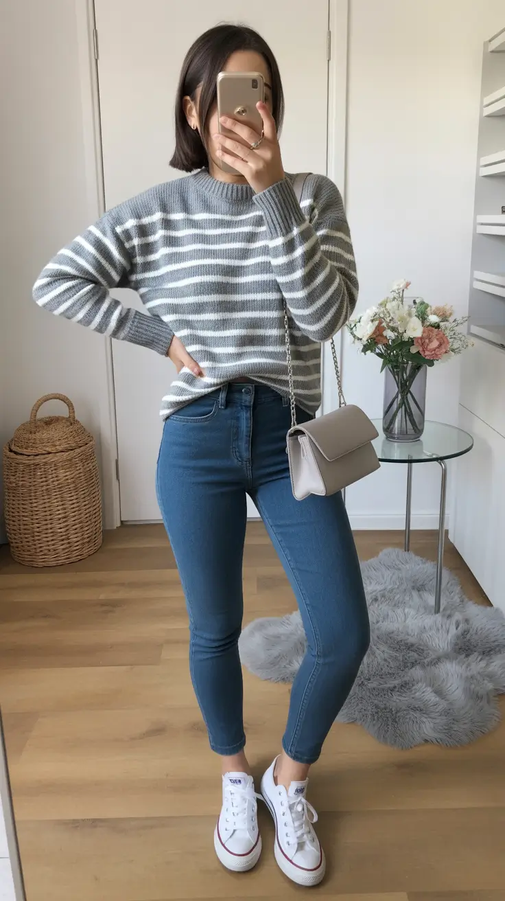 Jeans outfit inspiration 2026 Soft Stripes and Cozy Denim