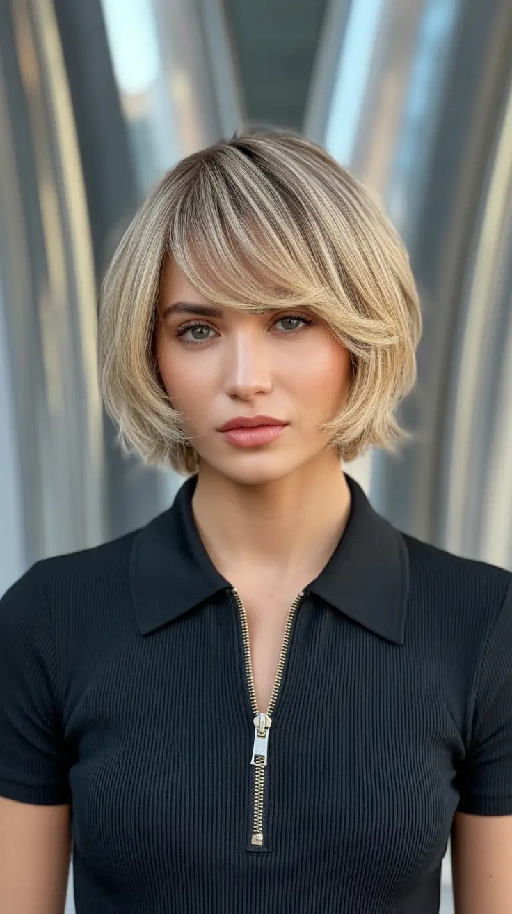 bob haircut with bangs Soft Blonde Modern Bob with Airy Bangs