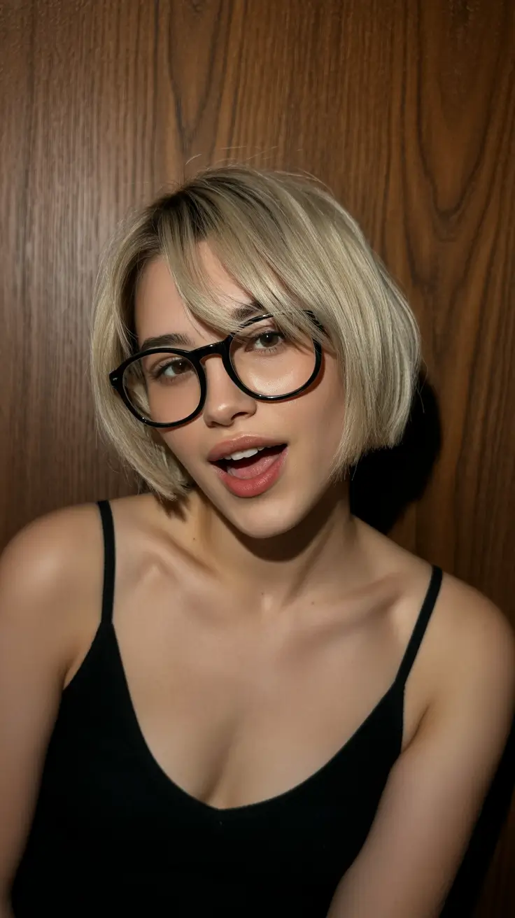 short bob haircut with bangs Playful Short Blonde Bob with Glasses