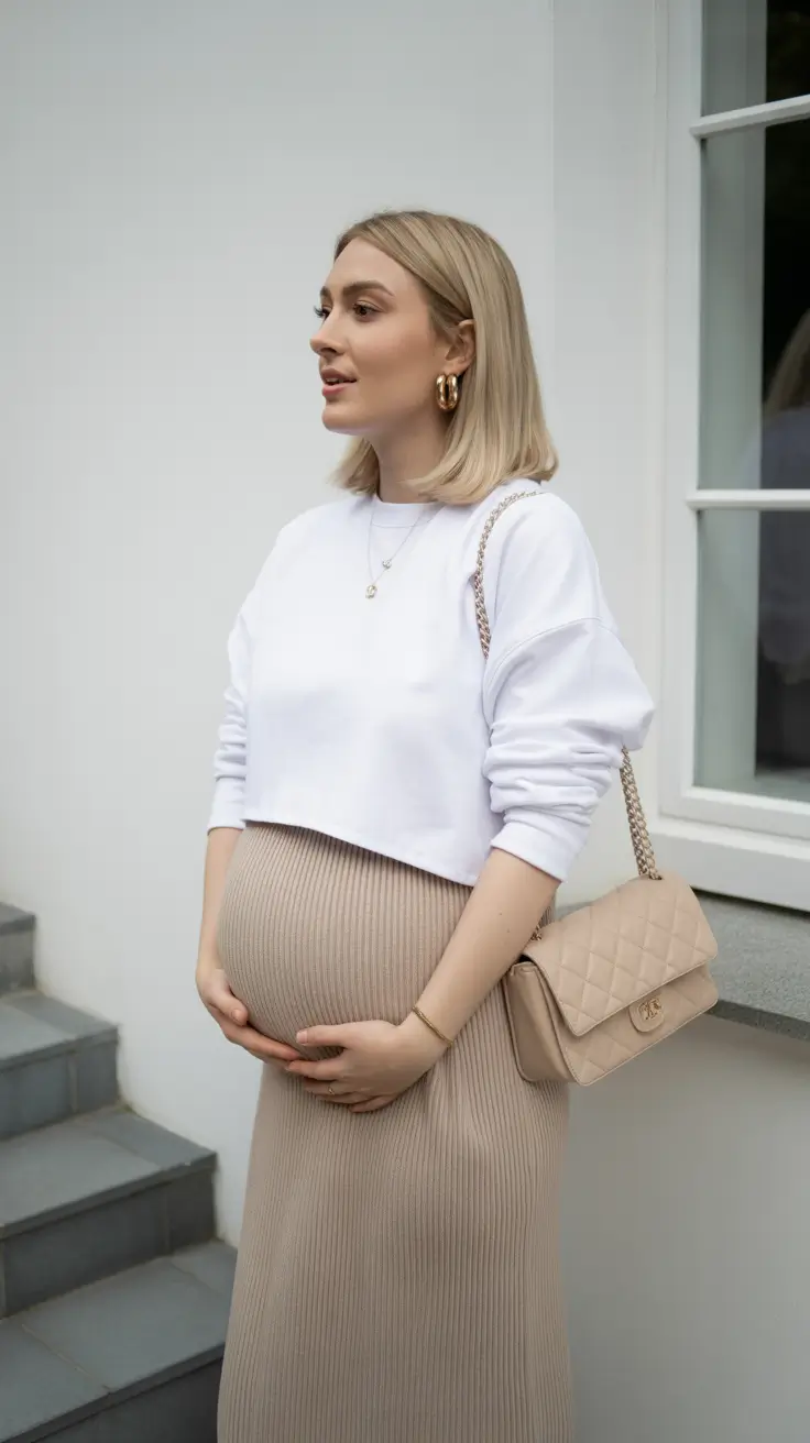 modern mom outfits 2026 neutral knit skirt