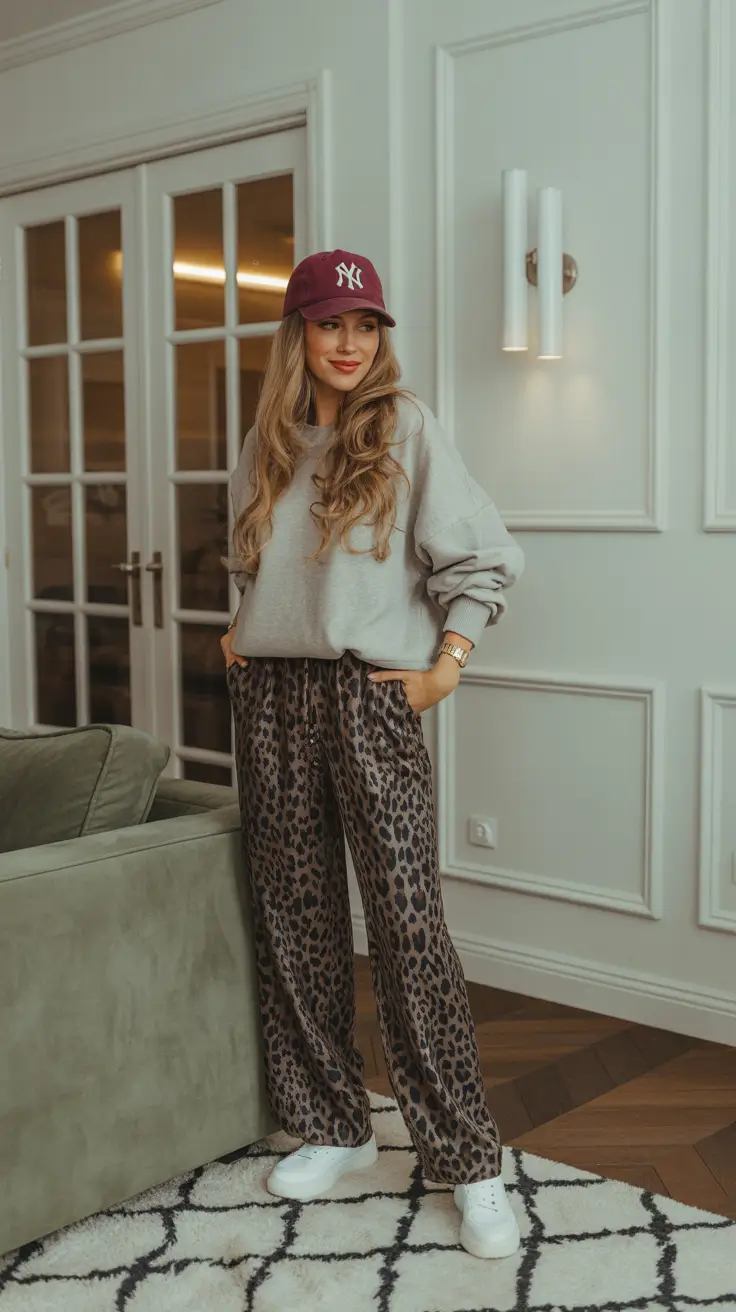 modern mom outfits 2026 leopard trousers and gray sweatshirt