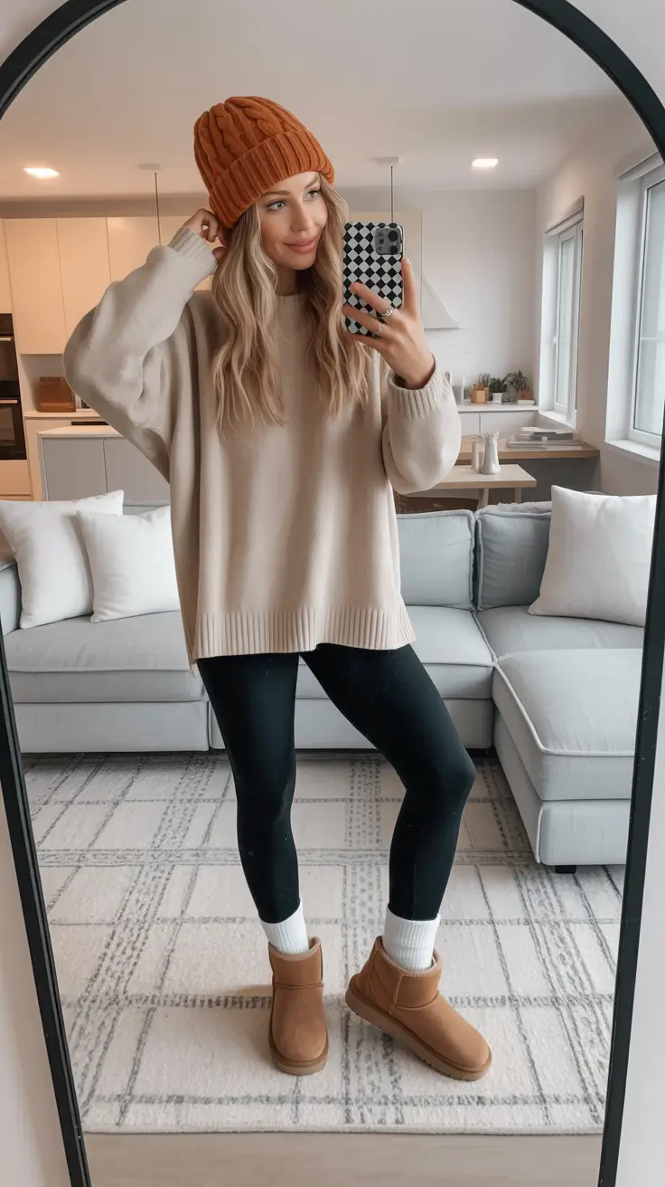 modern mom outfits 2026 cozy beige sweater look