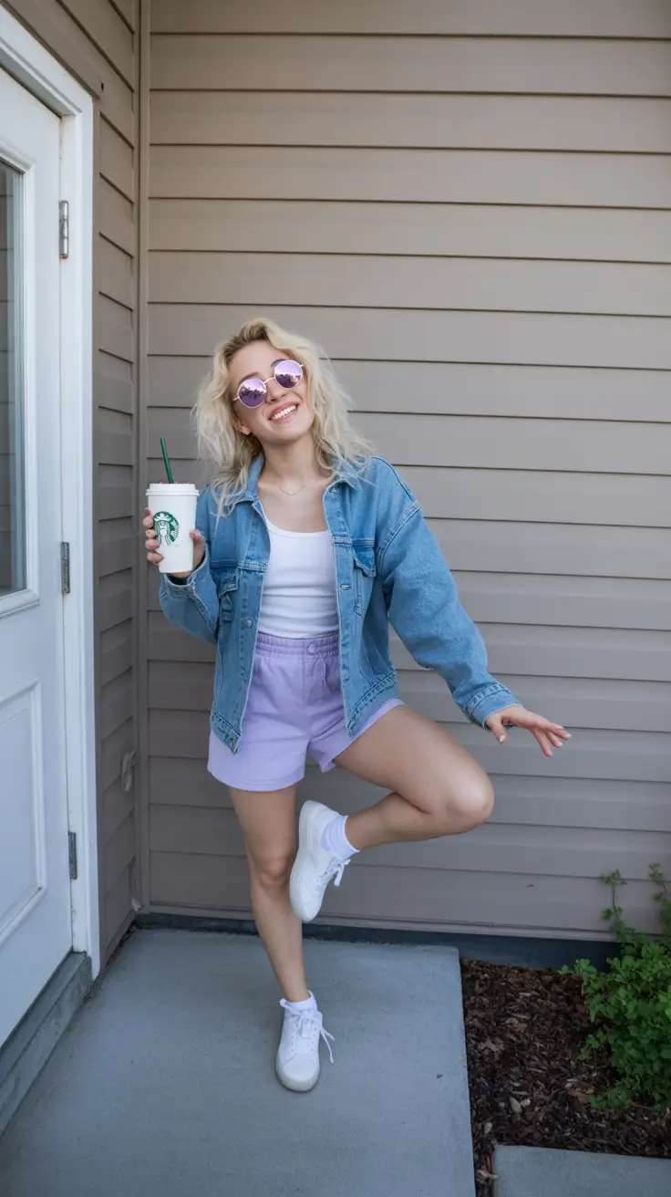 modern mom outfits 2026 pastel shorts and denim jacket