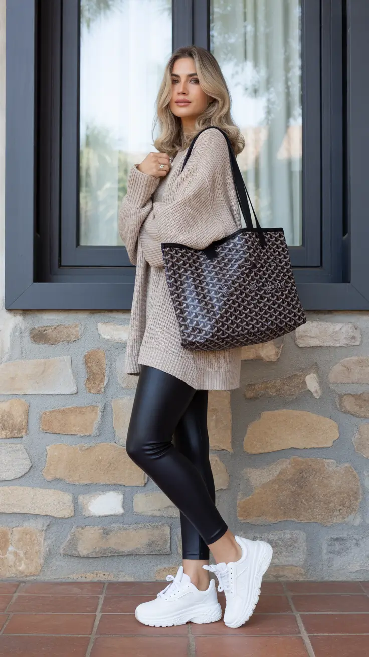 modern mom outfits 2026 beige sweater leather leggings