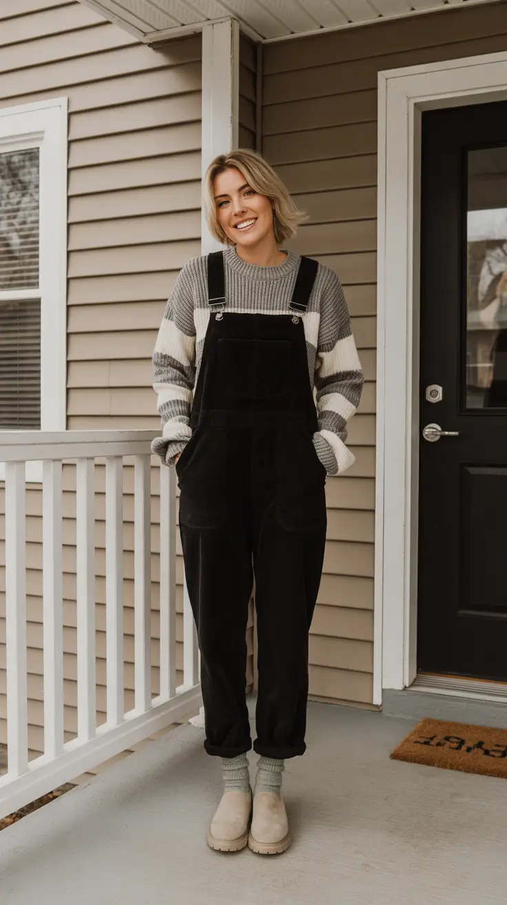 modern mom outfits 2026 striped sweater overalls