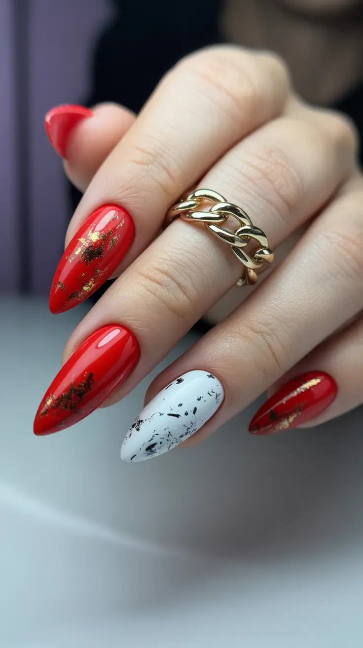 Modern Red Christmas Nails 2025 Golden Flakes