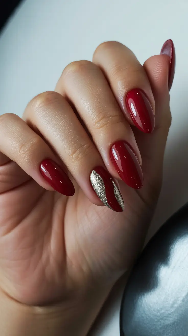 Modern Red Christmas Nails 2025 Red and Gold Wave