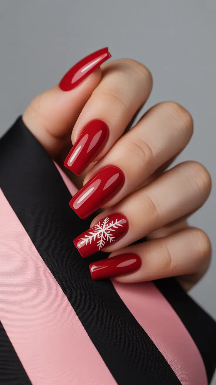 Modern Red Christmas Nails 2025 Snowflake Statement