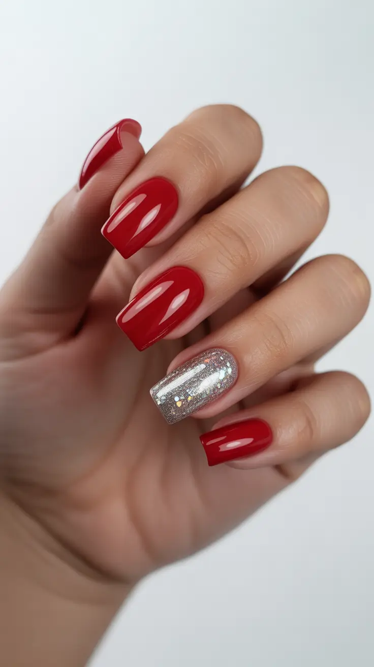 Modern Red Christmas Nails 2025 Silver Accent Shine