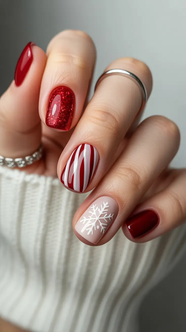 Modern Red Christmas Nails 2025 Candy Cane Snowflake
