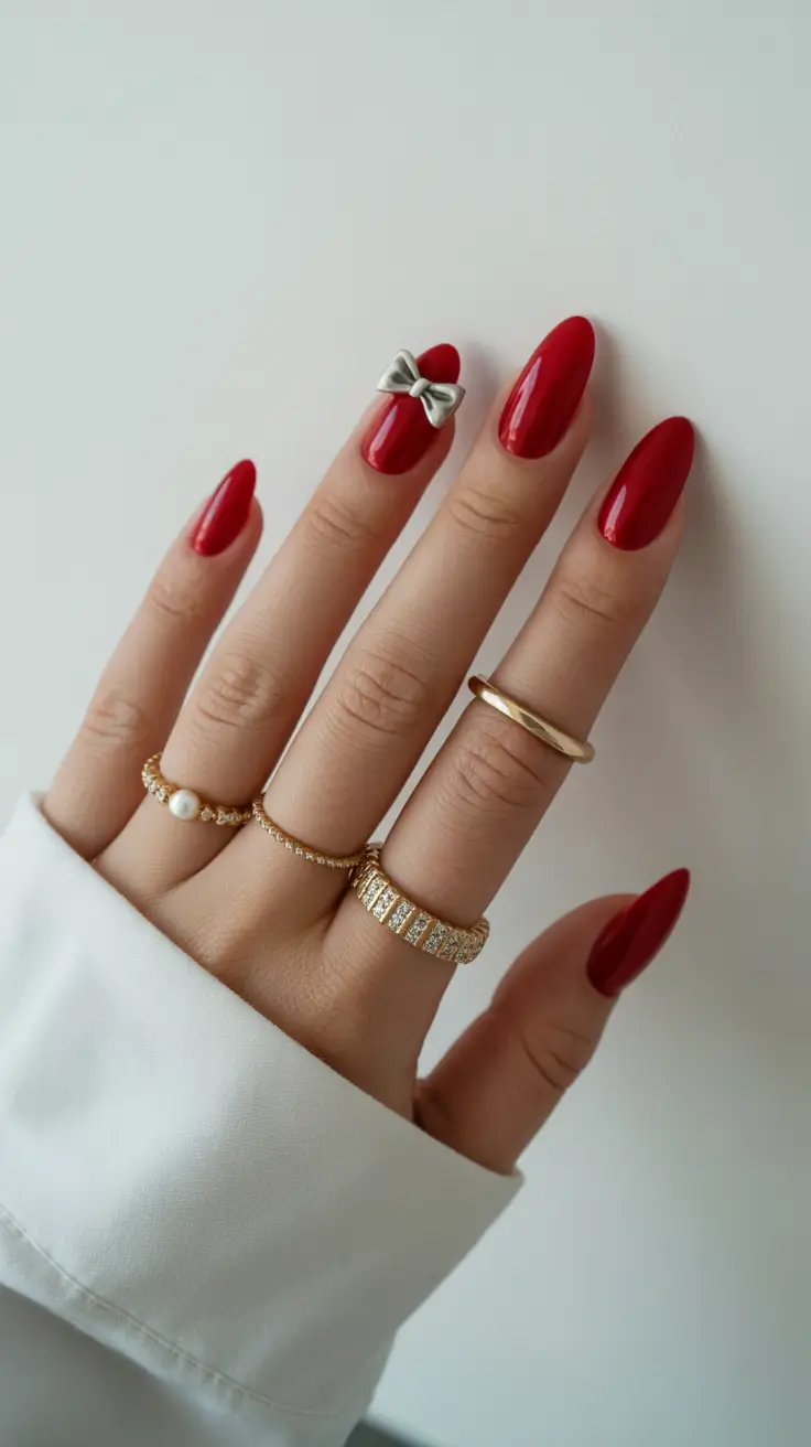 Modern Red Christmas Nails 2025 Metallic Bow