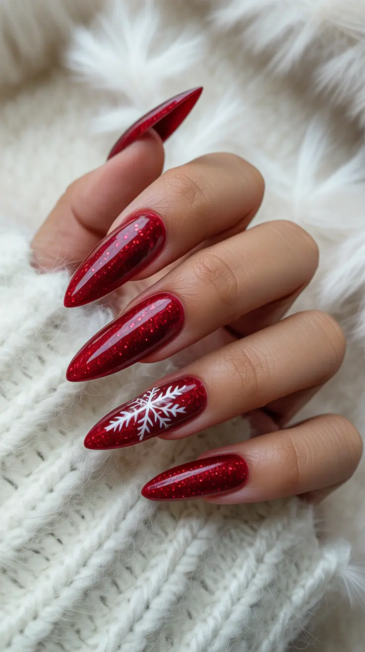 Modern Red Christmas Nails 2025 Snowflake Charm