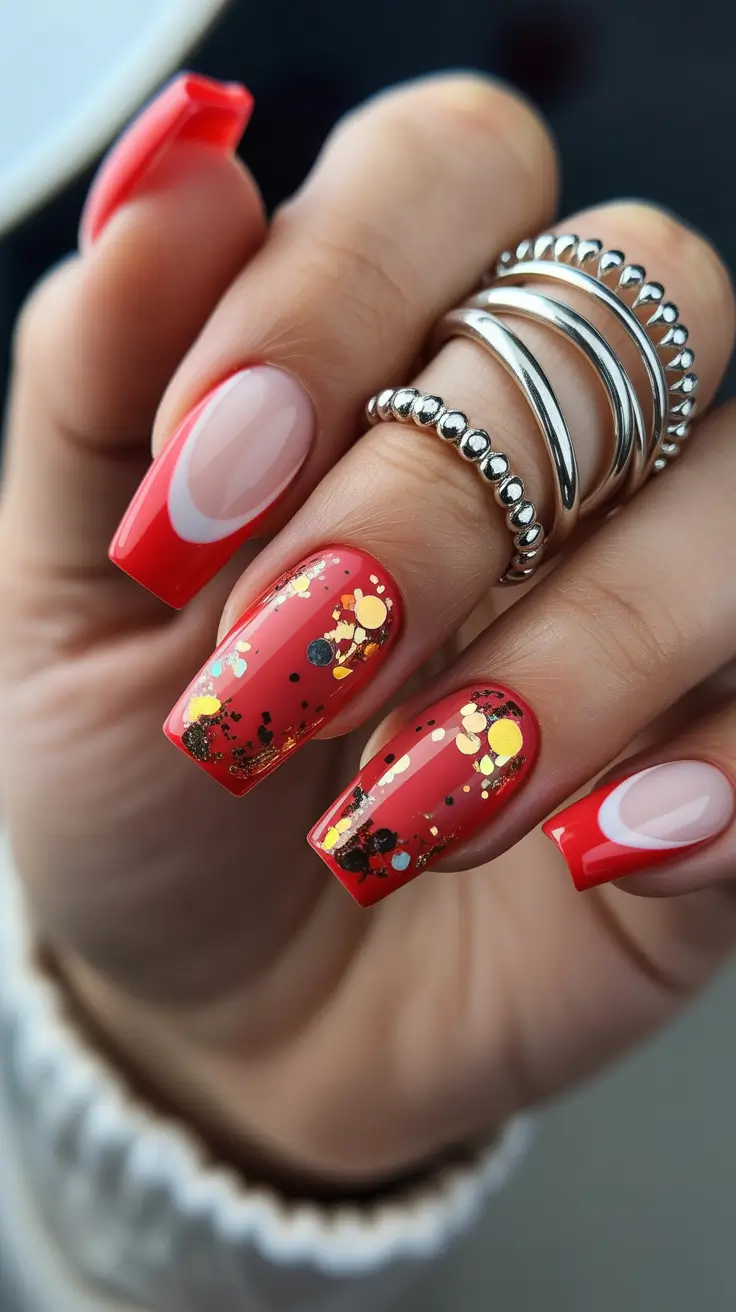 Modern Red Christmas Nails 2025 Red Gold Confetti