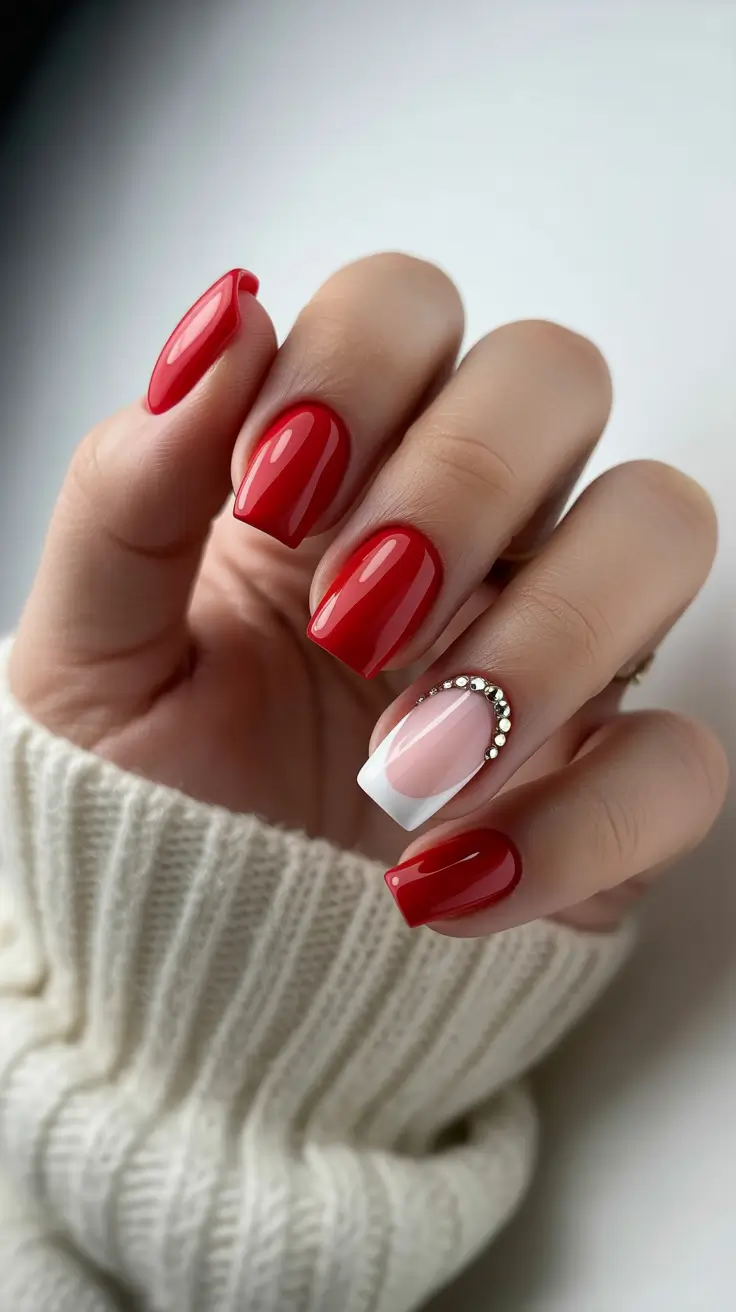 Modern Red Christmas Nails 2025 Red French with Crystals