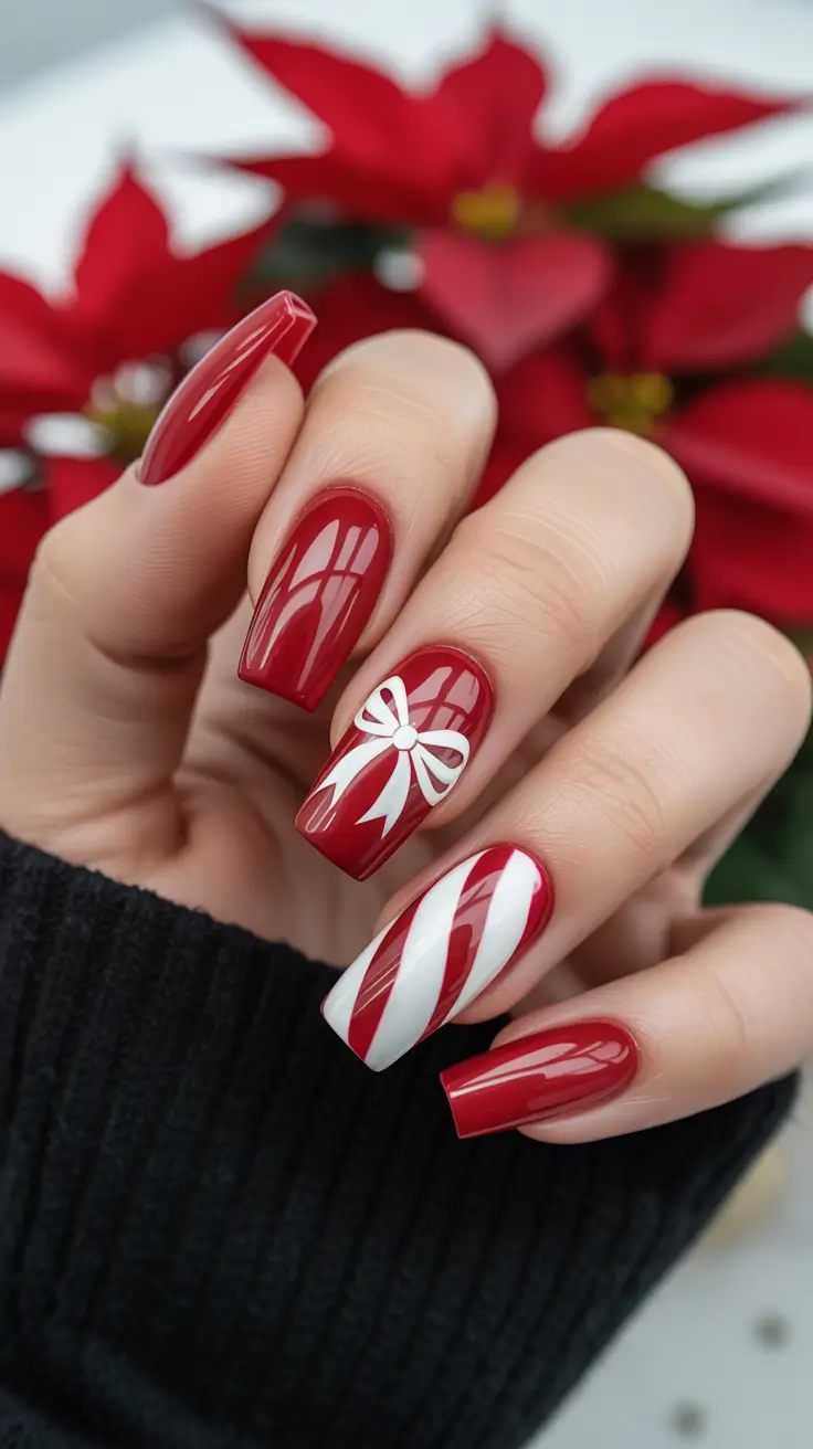 Modern Red Christmas Nails 2025 Bow Candy Stripe