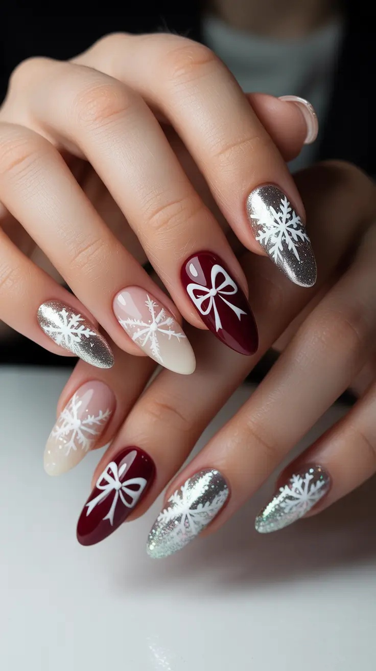 Modern Red Christmas Nails 2025 Snowflakes and Bows