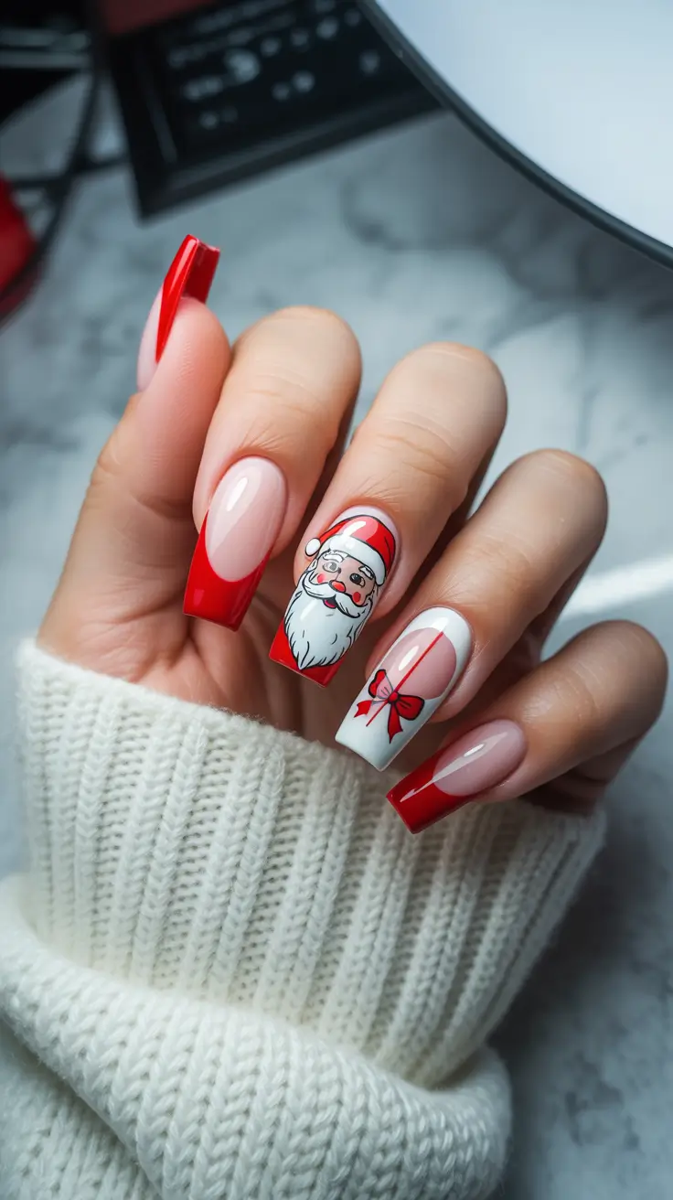 Modern Red Christmas Nails 2025 Santa Charm