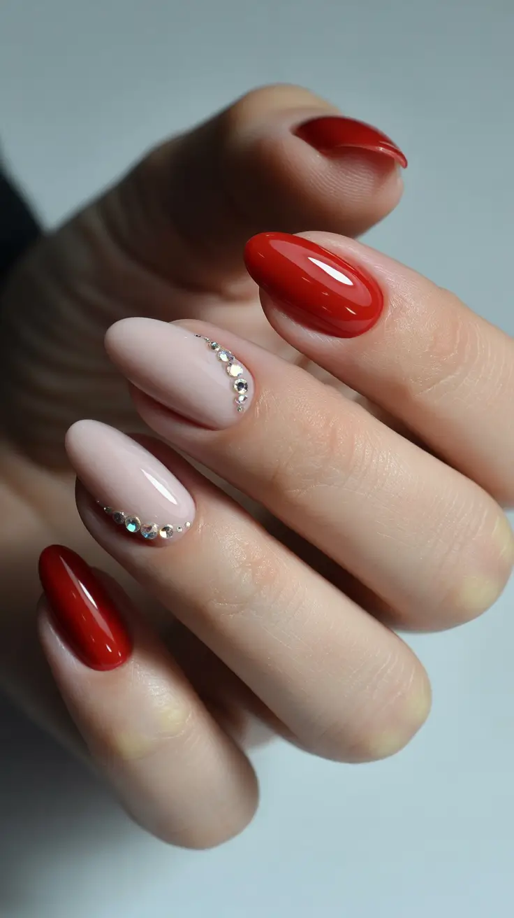 Modern Red Christmas Nails 2025 Minimalist Rhinestone