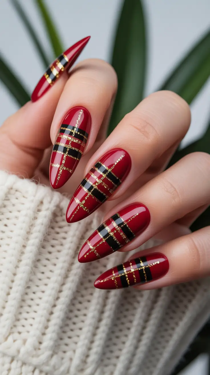 Modern Red Christmas Nails 2025 Plaid Gold Touch