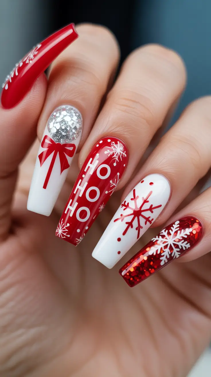 Modern Red Christmas Nails 2025 Ho Ho Holiday