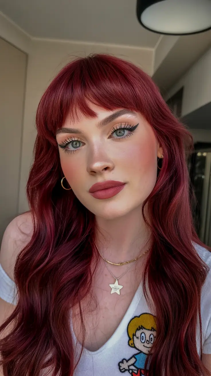 red hair colors 2026 Cherry Velvet Bangs