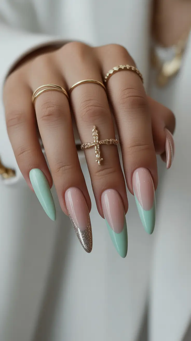 december-nails-colors-2025 Mint & Champagne Frost