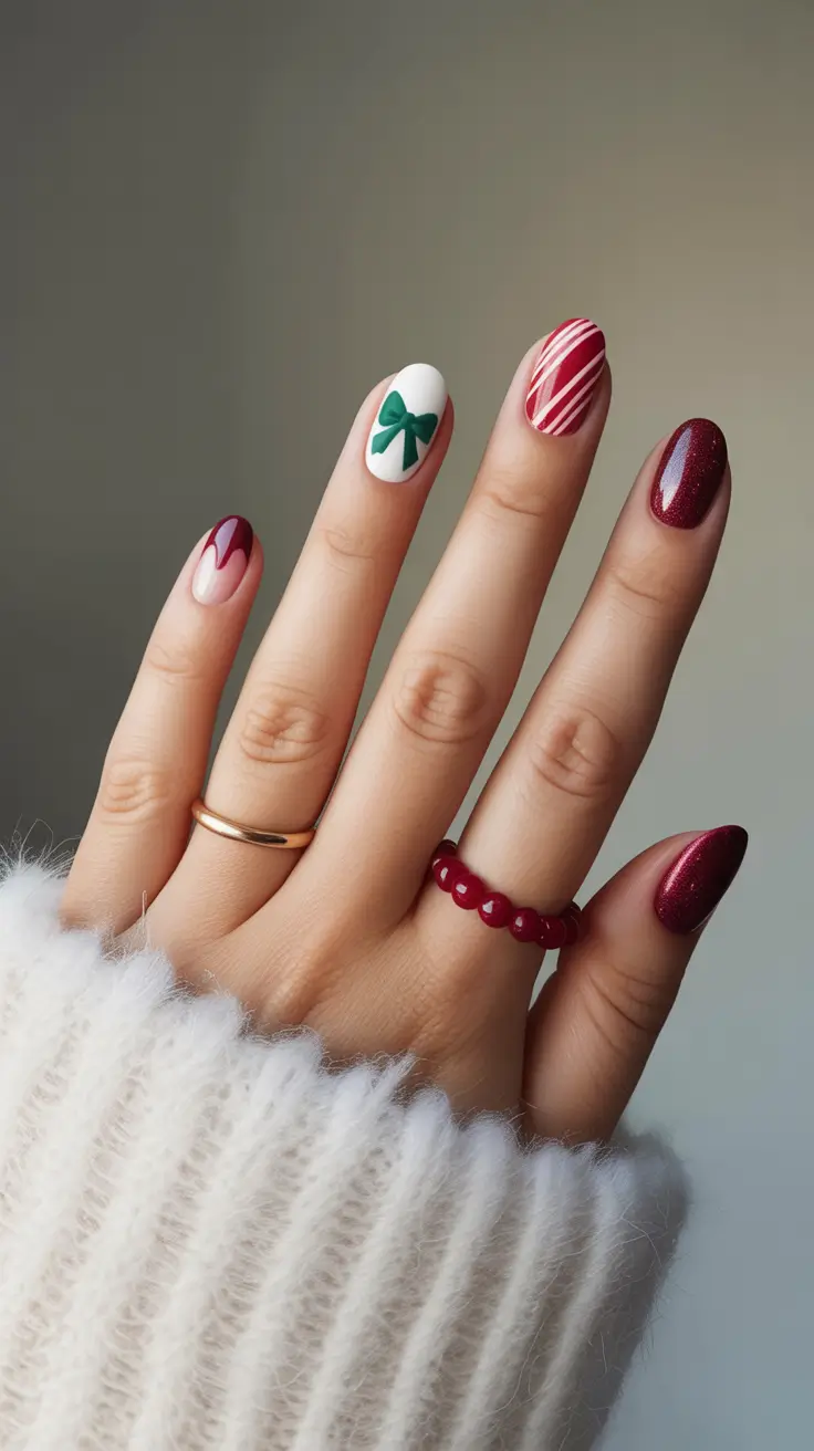 christmas nail colors 2025 Festive Candy Bow Elegance