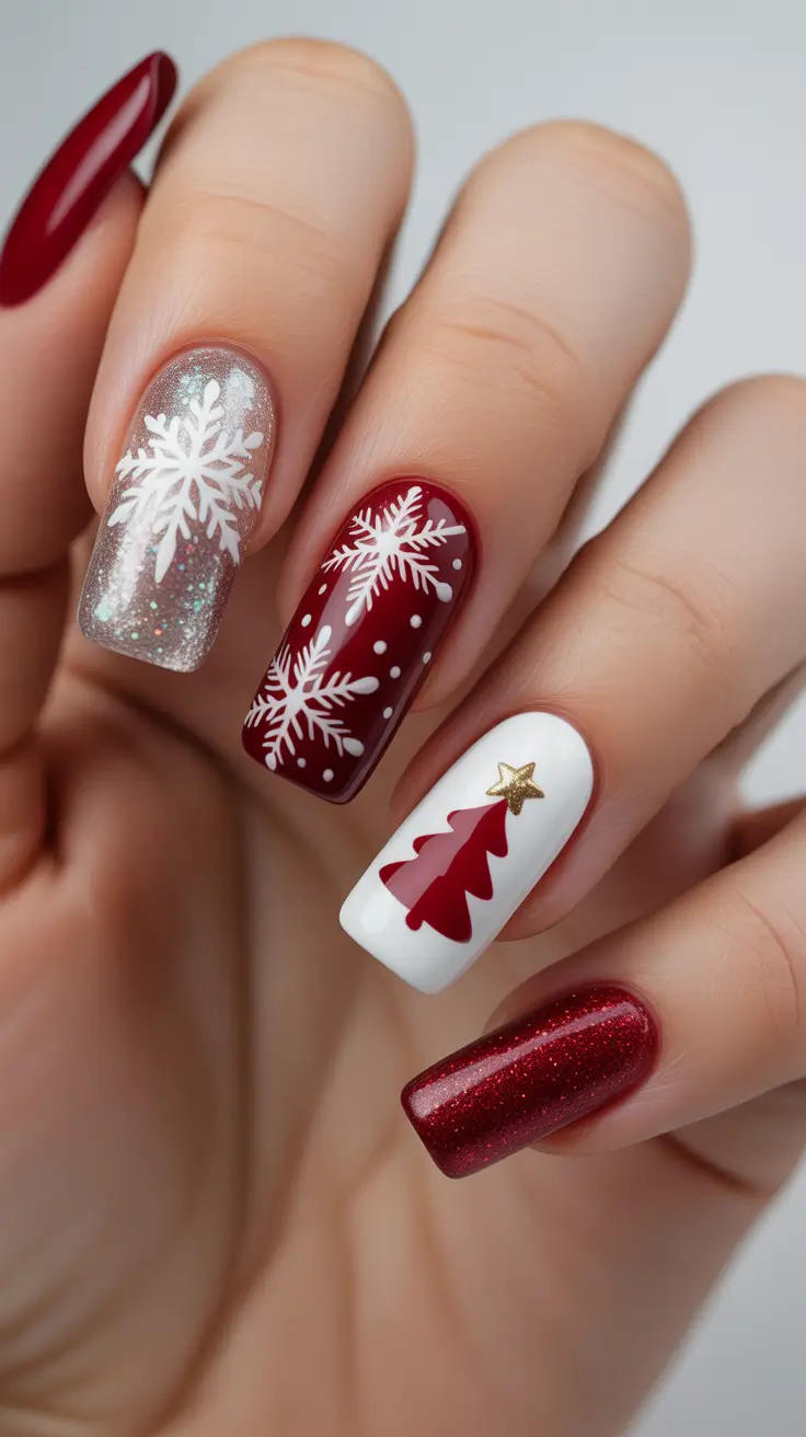 christmas nail colors 2025 Crimson Snowfall Charm