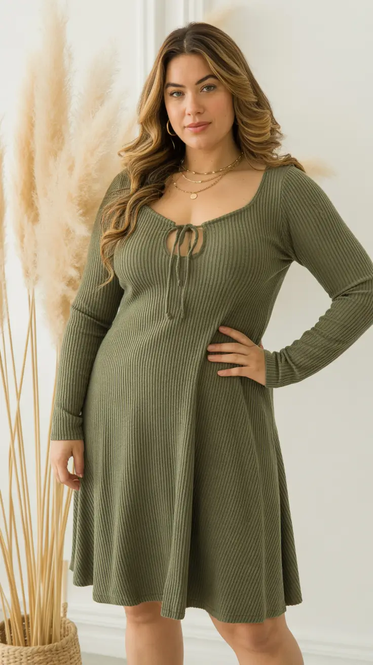 Trendy curvy outfits inspo 2026 Olive Ribbed Knit Dress - Effortless Elegance for Casual Fall