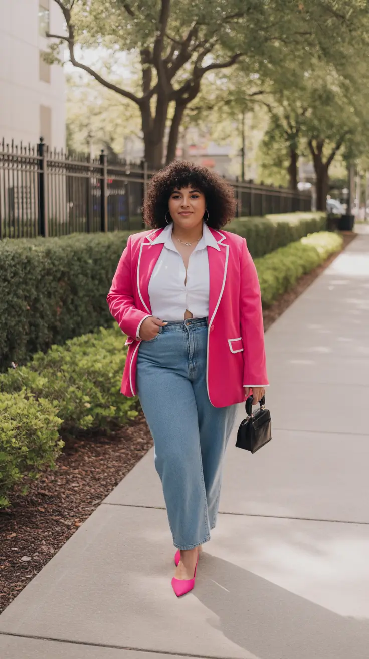 Trendy curvy outfits inspo 2026 Pink Blazer and Jeans - Playful Confidence in Color