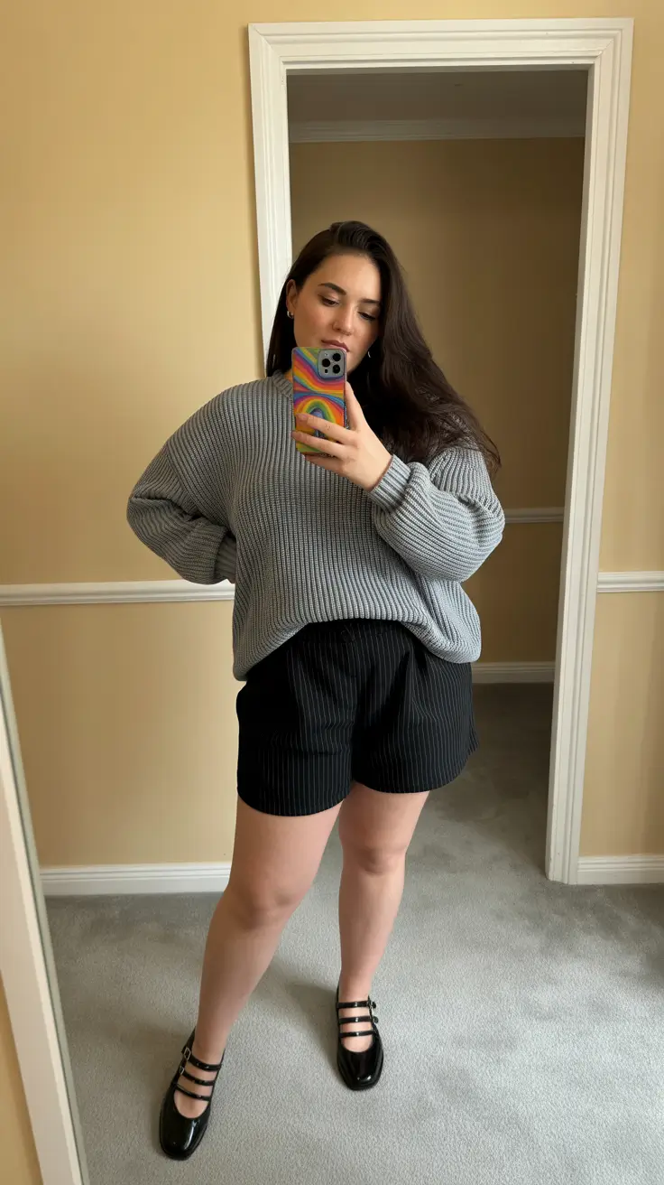 Trendy curvy outfits inspo 2026 Oversized Knit and Tailored Shorts - Comfort with an Edge