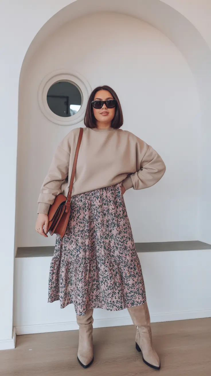 Trendy curvy outfits inspo 2026 Floral Midi and Oversized Sweatshirt - Cozy Romance Reimagined