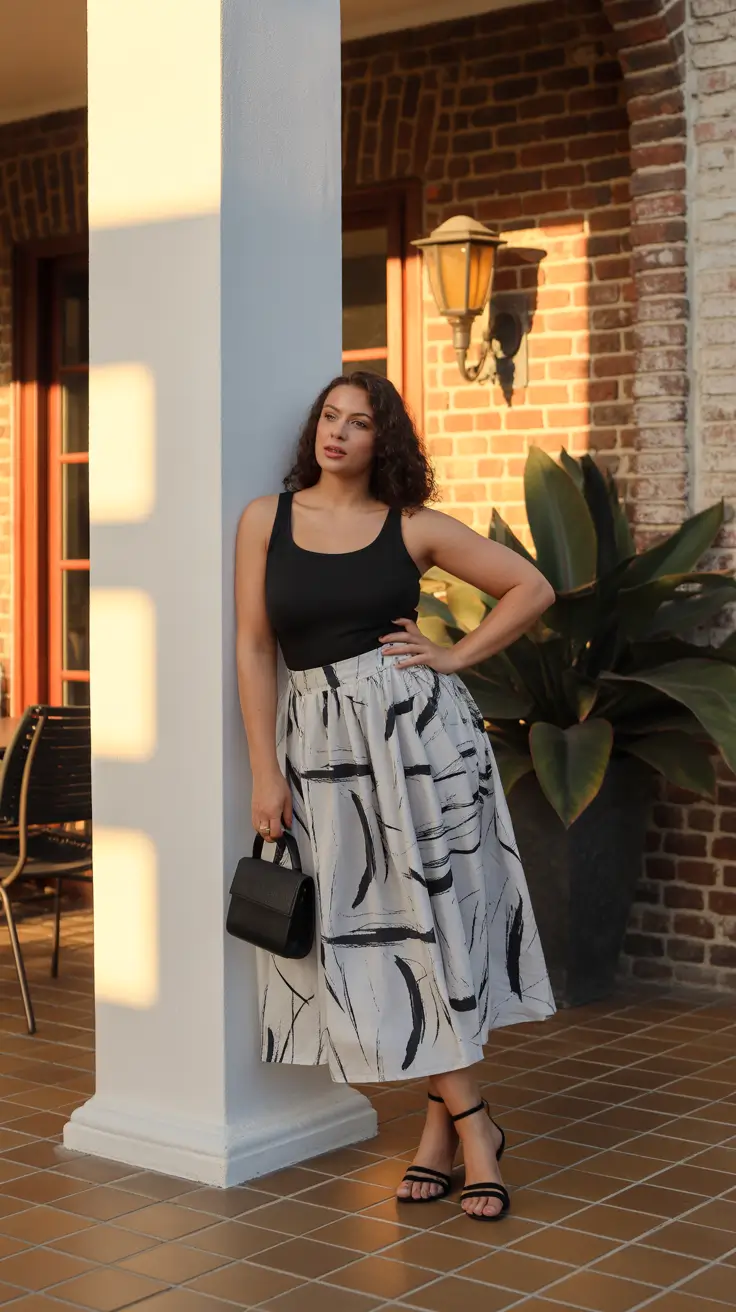 Trendy curvy outfits inspo 2026 Black Tank and Abstract Maxi Skirt - Effortless Artistic Minimalism