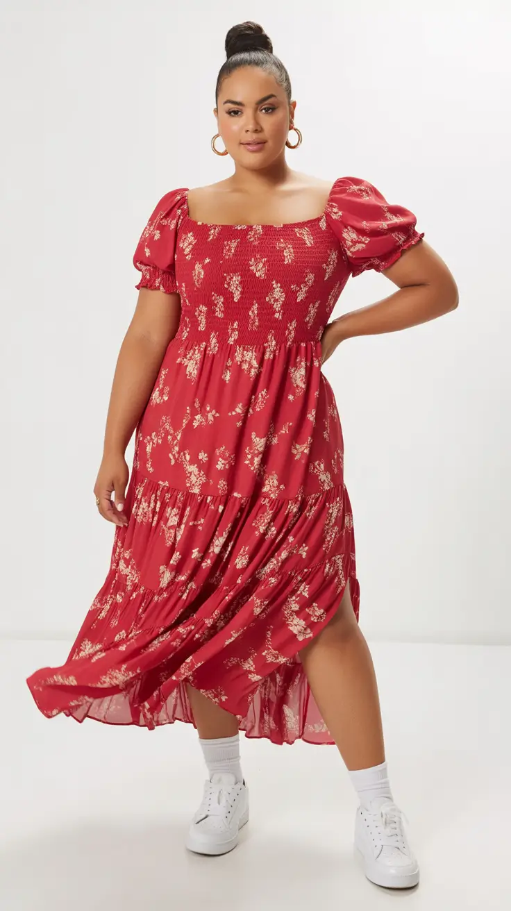 Trendy curvy outfits inspo 2026 Red Floral Dress with Sneakers - Playful Energy in Motion