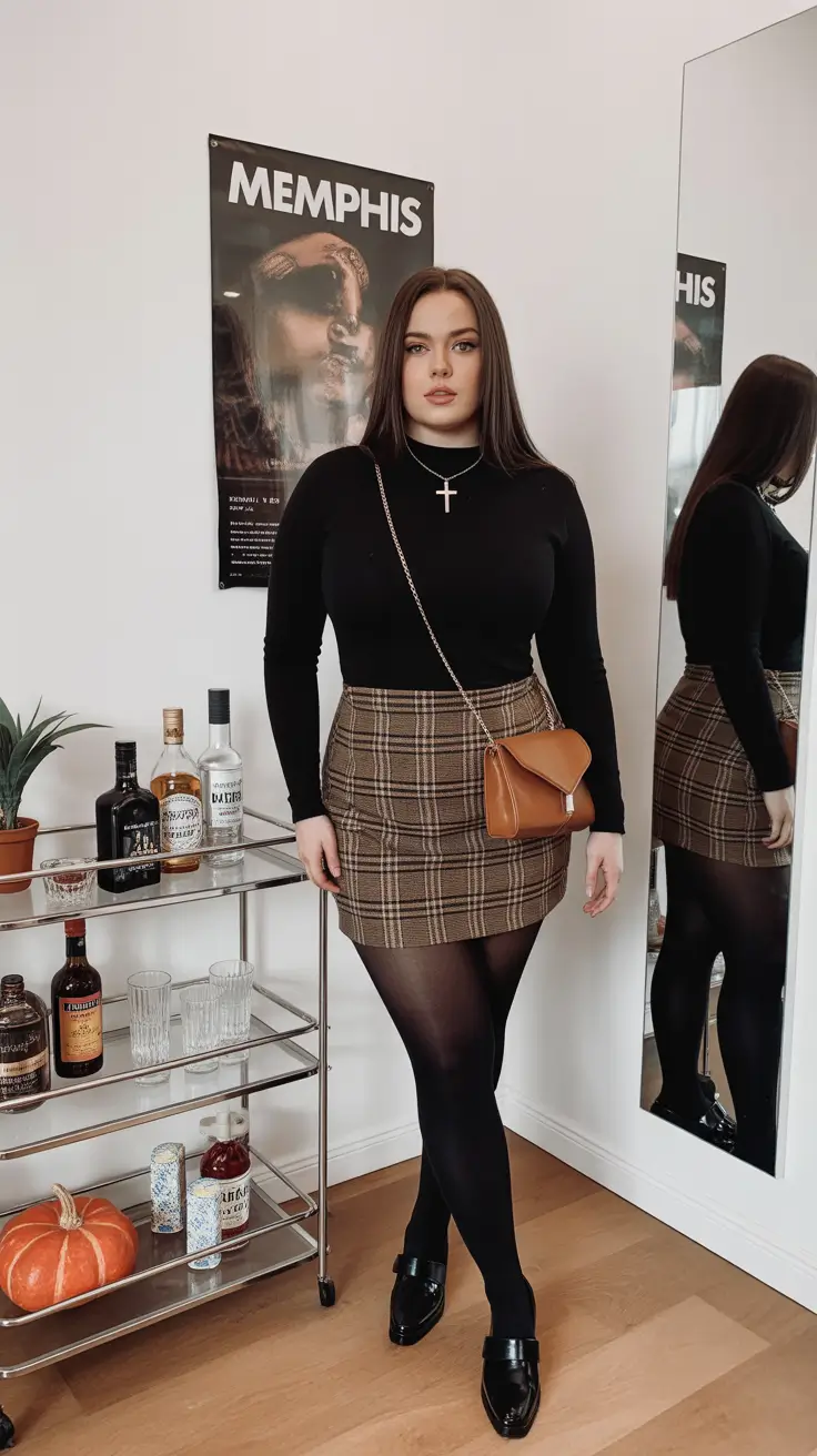 Trendy curvy outfits inspo 2026 Black Turtleneck and Plaid Mini - Retro Academia Revival